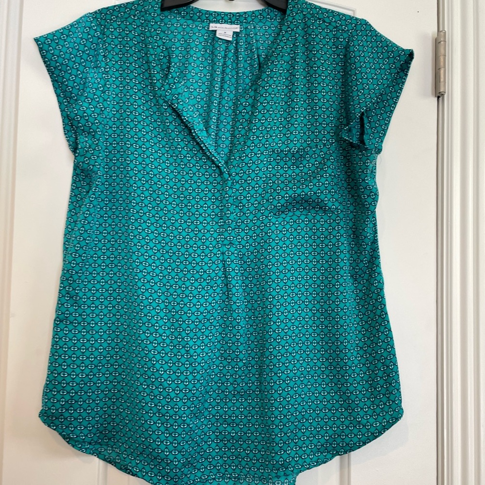 Liz Claiborne, shirt sleeve blouse, teal green, pocket, silky feel, size M